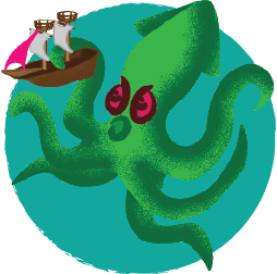 cartoon kraken holding a toy ship