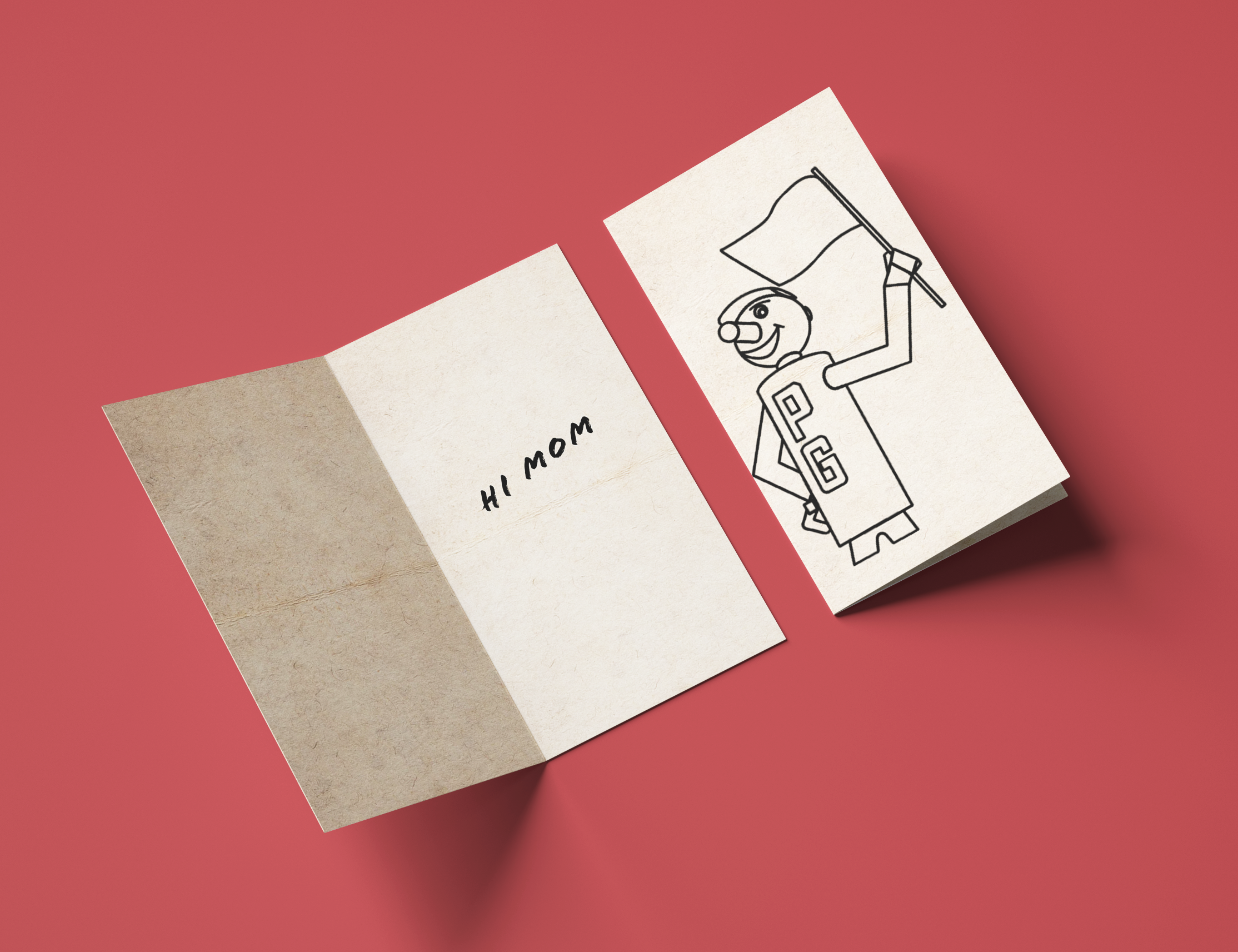 greeting card featuring mr. PG. Hi mom is written inside